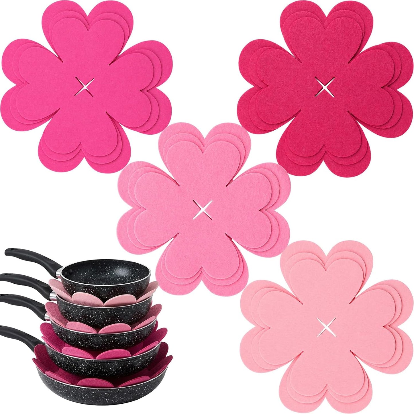 12 PCS Pot and Pan Protectors, Pink Four-Leaf Clover 3 Sizes Thicker Felt Pan Protector Pads, Pot Separators for Stacking, Anti-Slip Dividers to Protect Glass Ceramic Plates Cookware from Scratching