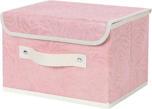 ANMINY Fabric Storage Bin with Lid Rose Print Storage Box Basket with PU Leather Handles Washable PP Plastic Board Decorative Foldable Lidded Shelf Cubes Closet Organizer Container - Pink, Small Size