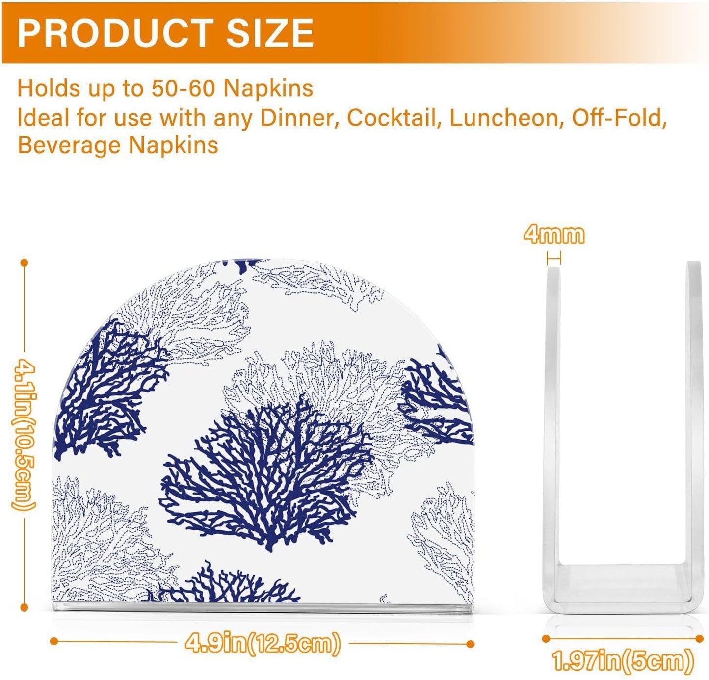 Coral Patterned Navy Blue Gray White Napkin Holder for Table Acrylic Cocktail Napkin Holders Decorative Tissue Dispenser Vertical Napkin Holder for Home Decor Kitchen Dining, 2 PC