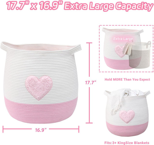 Large Cotton Rope Basket, Woven Storage Basket for Toy, Laundry and Blanket Organizer Basket, Round Hamper Basket with Handles for Kid's Room 17.7"x16.9" (Pink Heart)