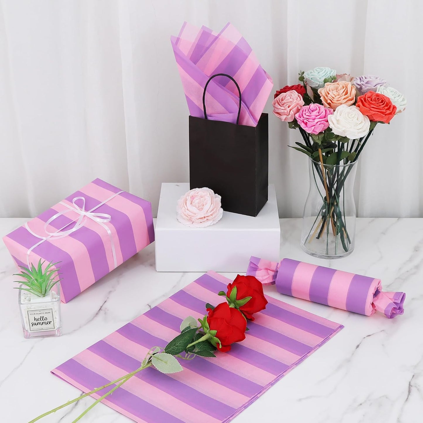 BEISHIDA Purple Pink Big Stripe Tissue Paper Bulk,Wrapping Tissue Paper for Gift Bags, 14 x 20 Inch Gift Wrap for Princess Party Bridal Shower, Baby Shower Easter Wedding DIY Crafts,30 Sheets