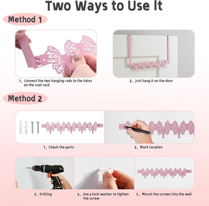 Over The Door Hooks, Pink Butterfly Towel Rack with 5 Hooks Hanging Towel for Bathroom Accessories, Cute Wall Mount Towel Hanger for Hats, Bags, Keys, Home Organizer