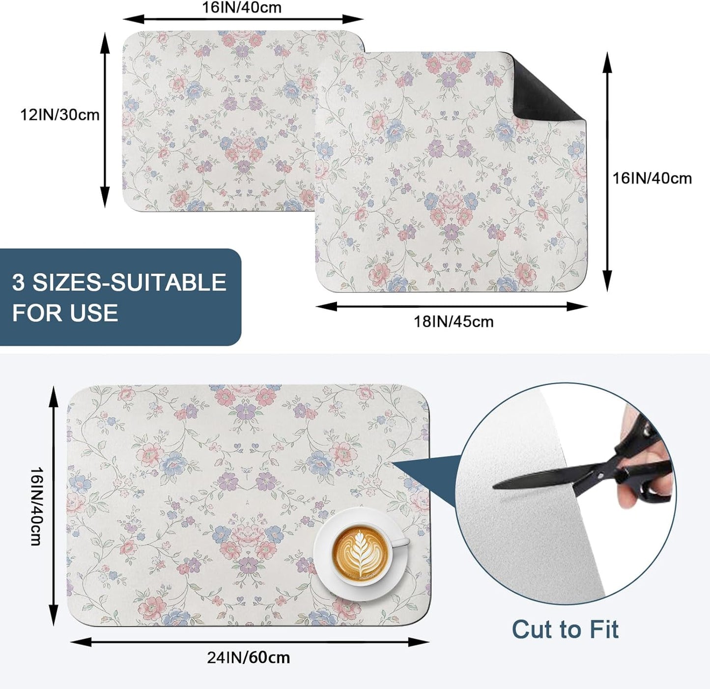 Blue Purple Flowers Dish Drying Mats for Kitchen Counter, Rustic Light Purple Blue Pink Floral Absorbent Coffee Bar Mat with Non-slip Rubber Backed Quick Drying Dish Rack Pad 16"x24"