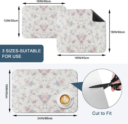 Blue Purple Flowers Dish Drying Mats for Kitchen Counter, Rustic Light Purple Blue Pink Floral Absorbent Coffee Bar Mat with Non-slip Rubber Backed Quick Drying Dish Rack Pad 16"x24"