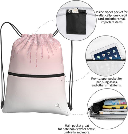 Pink Glitter Drip Drawstring Backpack, Gym Swim Bag Cinch Bag For Women Men With Zipper Pocket