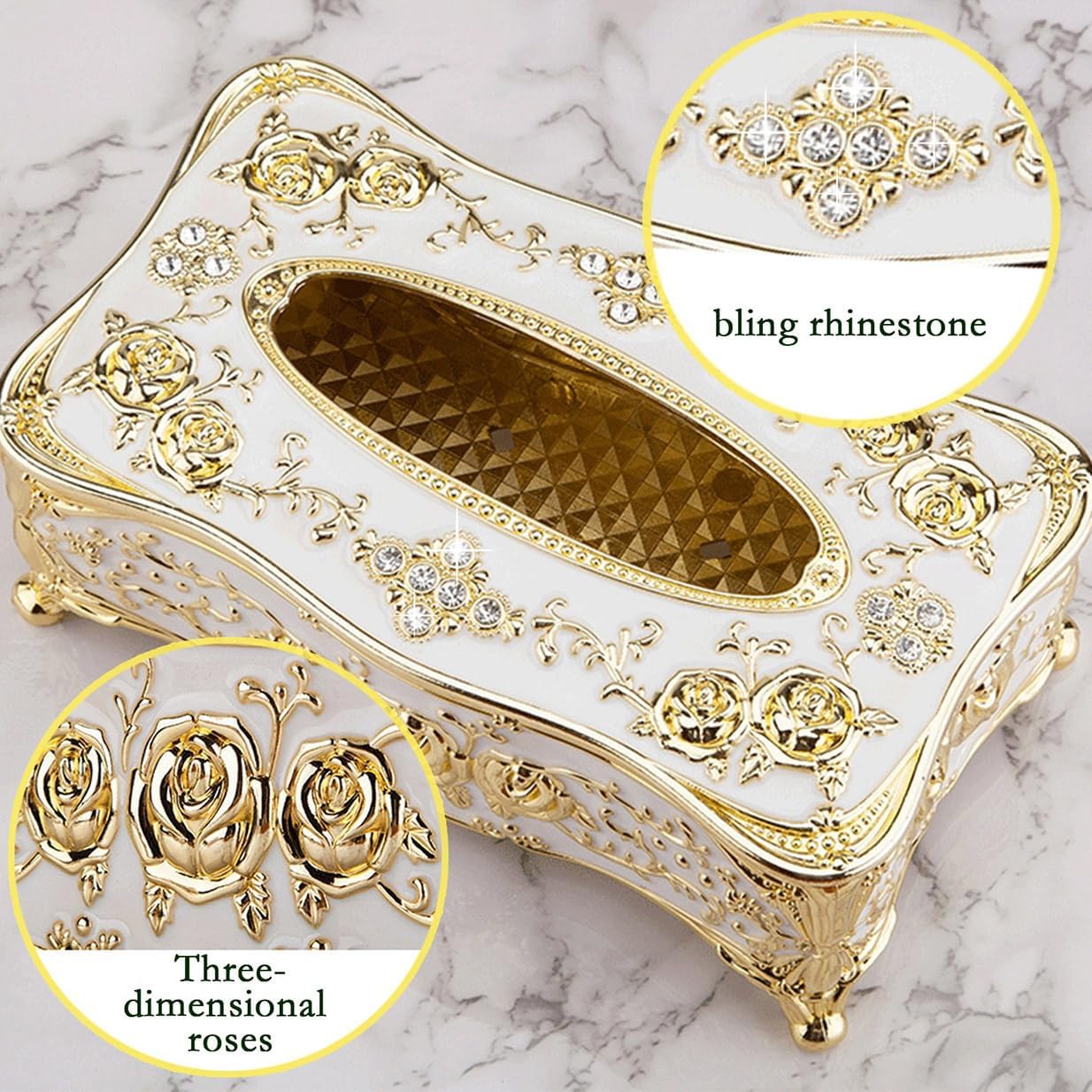 European Luxury Tissue Box Holder,Bling Rose Rhinestone Rectangle Tissue Box Cover,Decorative Tissue Box Holders (Gold & Pink)