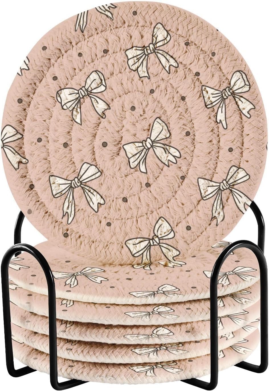 Bar Coasters for Drink with Holder Cute Bow Light Pink Cute Coaster Set of 6 Cotton Woven Coaster for Coffee Table, Bistro Tabletop,Kitchen Home Decor