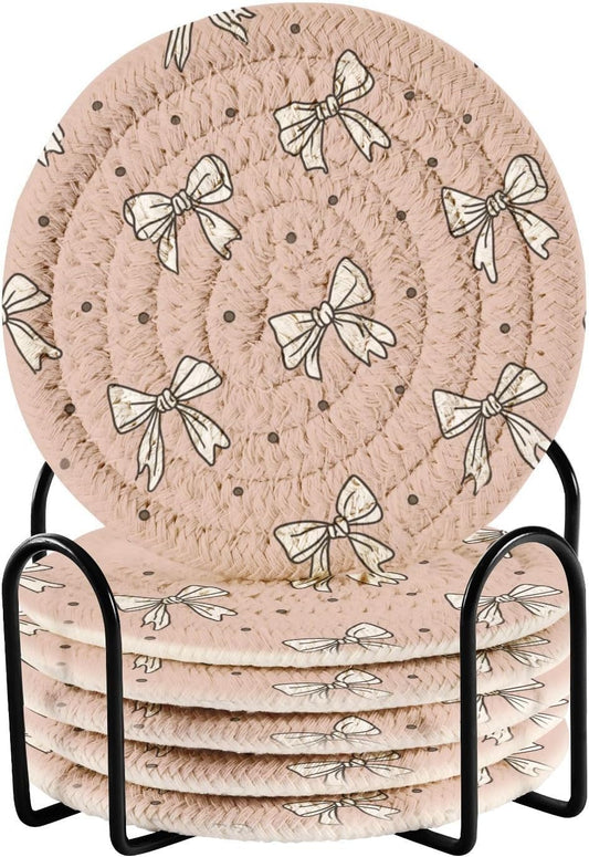 Bar Coasters for Drink with Holder Cute Bow Light Pink Cute Coaster Set of 6 Cotton Woven Coaster for Coffee Table, Bistro Tabletop,Kitchen Home Decor