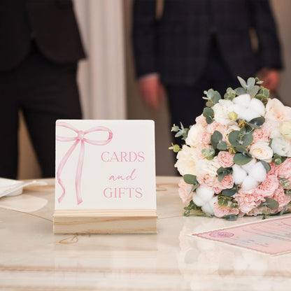 Coquette Pink Bow Cards and Gifts Sign, Gift Table Sign Wood Plaque, Bridal Shower Signs for Ceremony and Reception Wooden Plaque with Wood Stand for Wedding Reception Decorations, 4x4 Inch