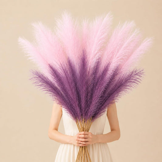 9 Pcs 45" Tall Pampas Grass Decor Mixed Color Light Pink & Light Purple Long Stem Artificial Fluffy Large Faux Floral Floor Vase Pompas Dried Bouquet for Boho Home Wedding