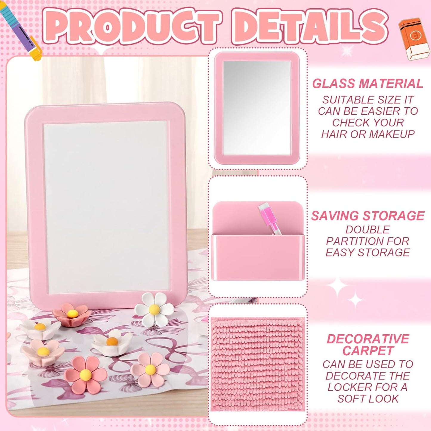 Pinkunn 17 Pcs Disco Ball Locker Accessories Include Locker Organizer Shelf Disco Ball Rug Magnetic Mirror Whiteboard Pen Holder Flower Magnets Marker for Back to School Essentials (Pink,Preppy)