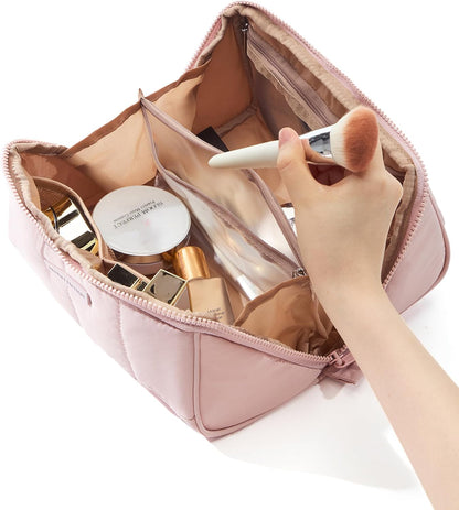 NISHEL Travel Makeup Bag for Women, Fluffy & Lightweight Open Flat Cosmetic Organizer with Multiple Functional Divider for Brush Independent Storage, Handle for Easy Portability, Pink