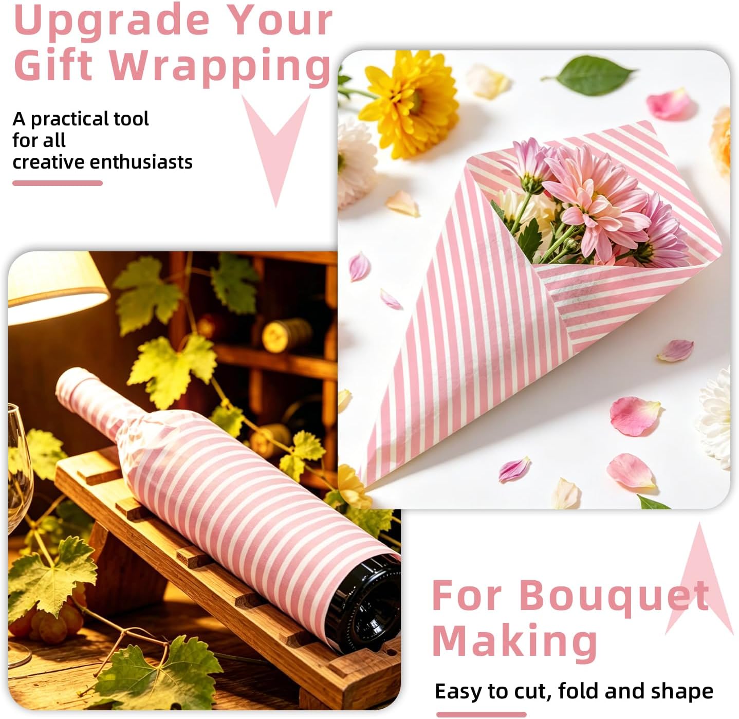 MUNILAIL 100 Sheets Light Pink Striped Tissue Paper 14 x 20 Inches Pink and White Tissue Paper Striped Gift Wrapping Paper for Birthday Wedding Baby Shower Gift Packing DIY Crafts