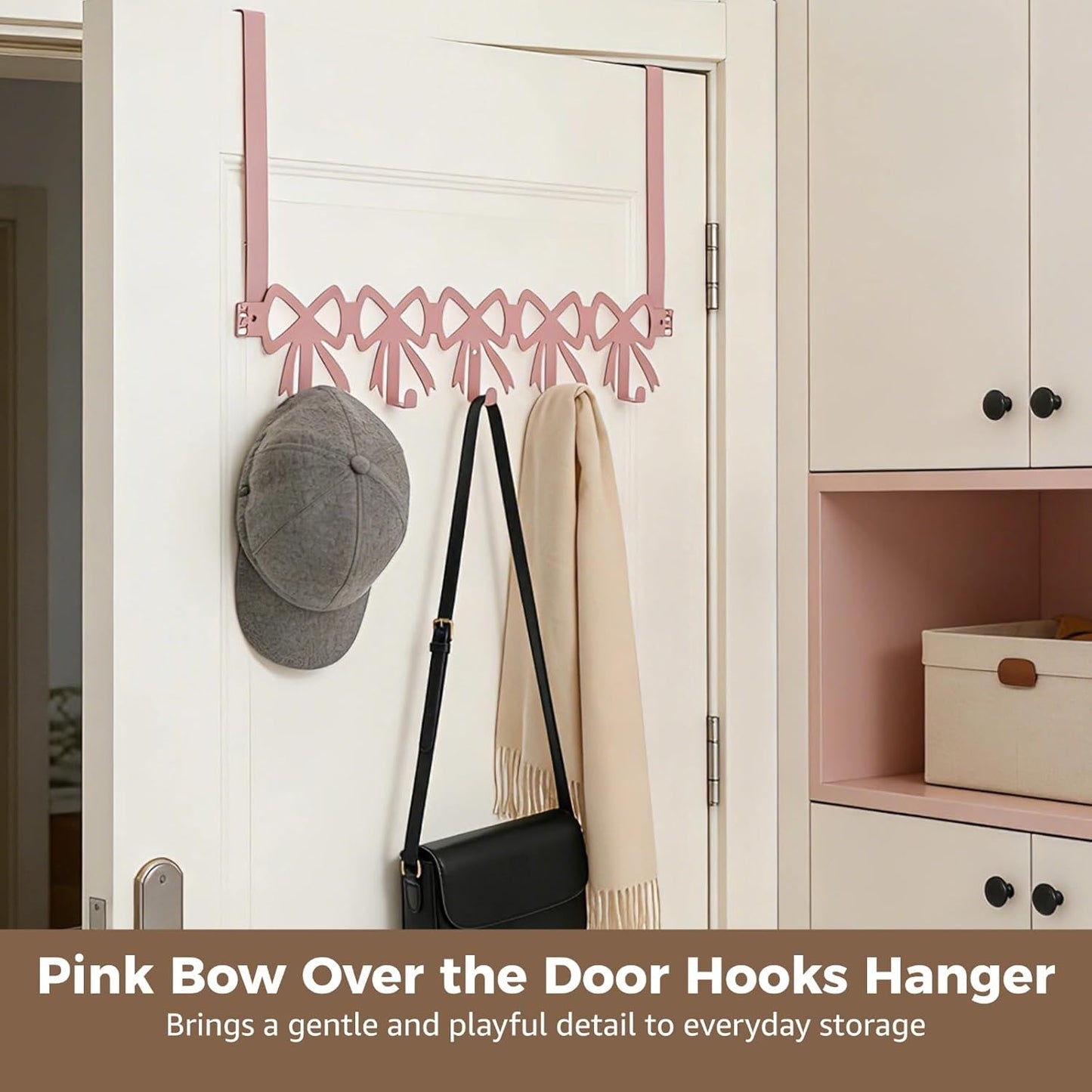 ZALIR Pink Bow Over the Door Hooks Hanger, Wall Mount Towel Rack with 5 Hooks, Metal Door Organizer for Towels Hats Clothes, Decorative Farmhouse Coquette Style Hook for Bedroom Bathroom