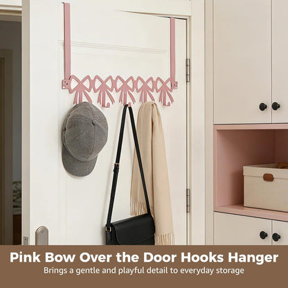 ZALIR Pink Bow Over the Door Hooks Hanger, Wall Mount Towel Rack with 5 Hooks, Metal Door Organizer for Towels Hats Clothes, Decorative Farmhouse Coquette Style Hook for Bedroom Bathroom