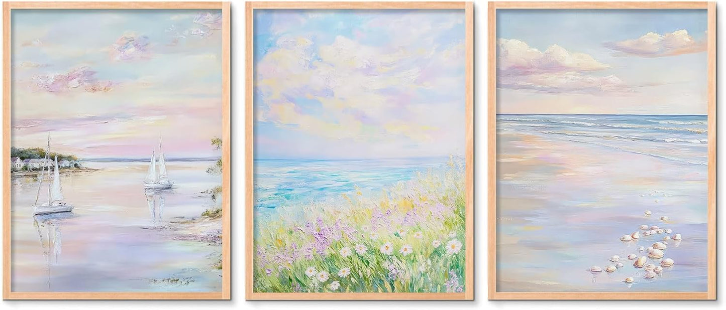 JQ7OL Coastal Beach Wall Art Set of 3 Pastel Pink Blue Preppy Posters Coastal Canvas Pictures Impressionist Ocean Prints Nautical Decor for Calming Bedroom Living Room 12x16 in Unframed