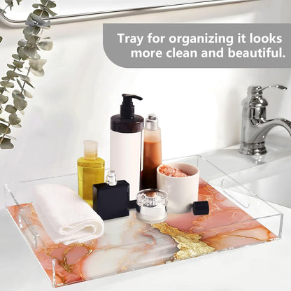 Acrylic Rectangle Tray Marble Peach White Acrylic Tray with Handles 12 x 16 Clear Acrylic Serving Tray Waterproof