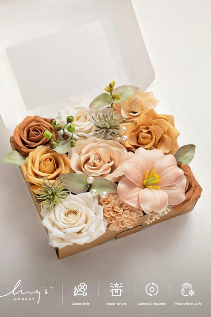 Ling's moment Fake Flowers Box, Faux Artificial Greenery Stems Foam Roses Dahlia Gardenia Tulip Silk Fabic Flower for Centerpieces Bouquet Wedding Vase Decorations, Apricot & Peach, Mini Combo