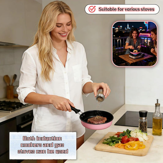 4.7 Inch Mini Frying Pan, Black Non-Stick Egg Pan with Hanging Hole, Flat Bottom Design for Gas, Induction, Electric Stove, Perfect for Single Serve Breakfast, Omelets & Camping, RV Use (Pink)