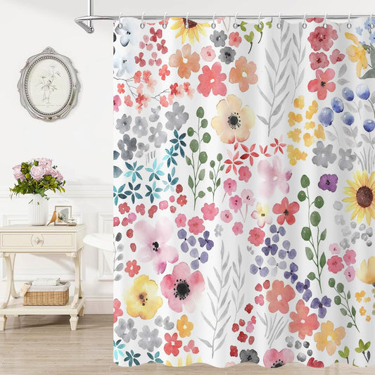 Pink Floral Shower Curtain, Spring Cute Colorful Watercolor Wildflowers Botanical Plants Bathroom Curtain Home Bathtub Decor Waterproof Fabric Machine Washable with 12 Hooks,72" Wx72 L