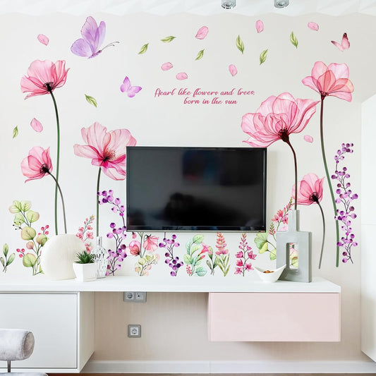 Huge Pink Flower Wall Stickers Watercolor Floral with Butterfly Decals Peel and Stick Art Decor for Girls Bedroom Living Room or TV Background