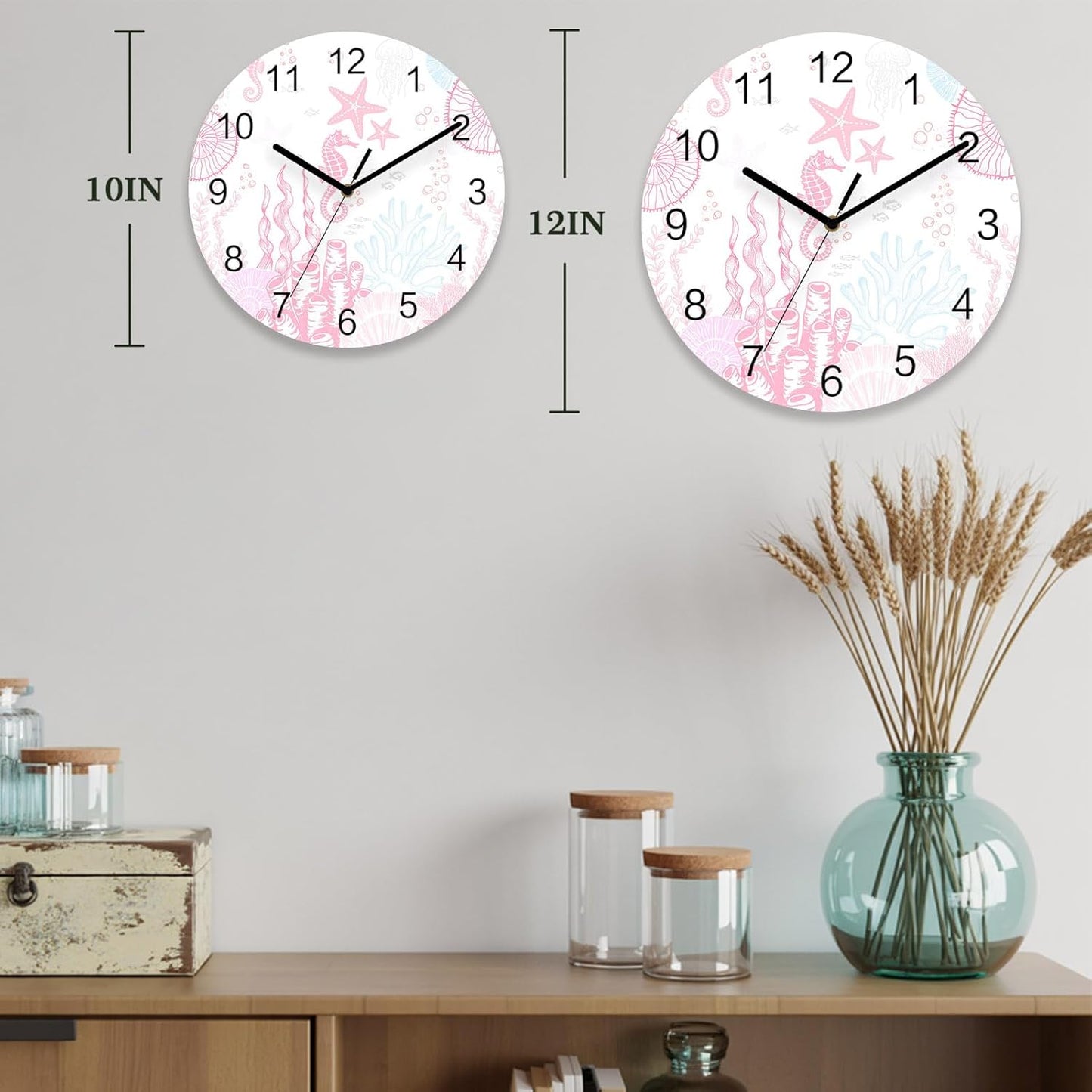 Ocean Wall Clock Battery Operated Non-Ticking 10" Round Wood Clocks, Seahorse Coral Shell Starfish Pink Kitchen Wall Clock for School Bathroom Living Room Home Office Wall Decor