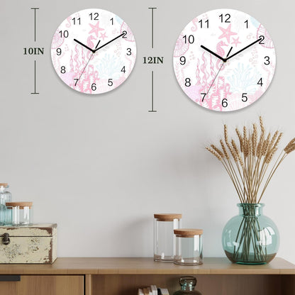 Ocean Wall Clock Battery Operated Non-Ticking 10" Round Wood Clocks, Seahorse Coral Shell Starfish Pink Kitchen Wall Clock for School Bathroom Living Room Home Office Wall Decor