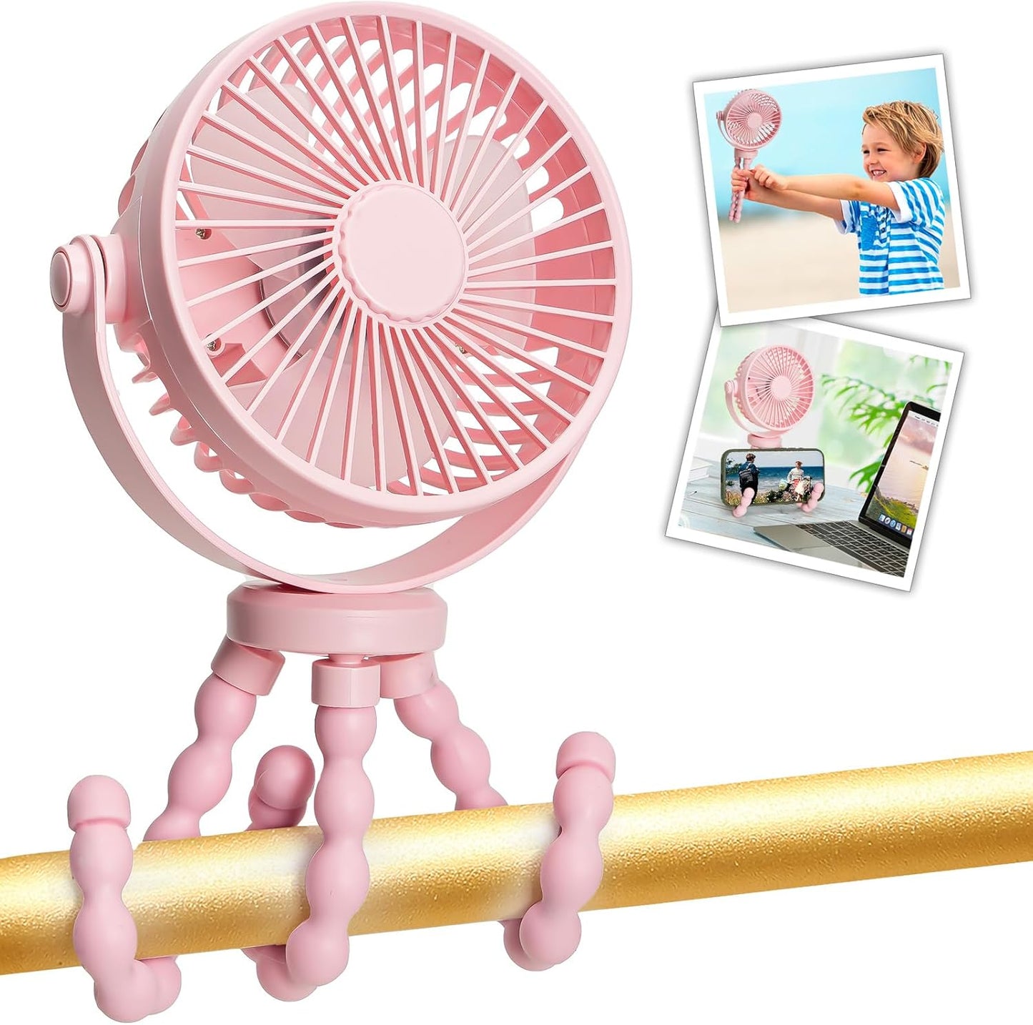 snawowo Mini Handheld Personal Portable Fan, Baby Stroller Fan, Car Seat USB or Battery Powered, with Flexible Tripod Clip on Student Bed Desk Bike Crib Treadmill Camping Traveling(Pink)