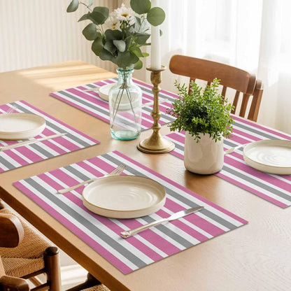 Pink Grey and White Stripes Placemat Set of 6 Non-Slip Placemats for Dining Table Farmhouse Stripe Washable Table Mats, Heat Resistant Kitchen Table Mats for Party, Dining Room & Home Decor