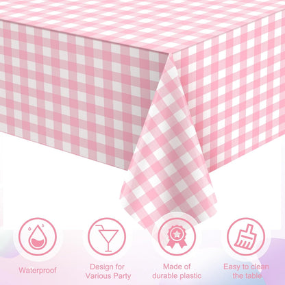 3 Pcs Pink and Whtie Gingham Tablecloth Decorations, Disposable Plastic Pink Checkered Tablecloth Buffalo Plaid Table Cover for Baby Shower Bridal Wedding Birthday Party Supplies,54 x 108 Inch