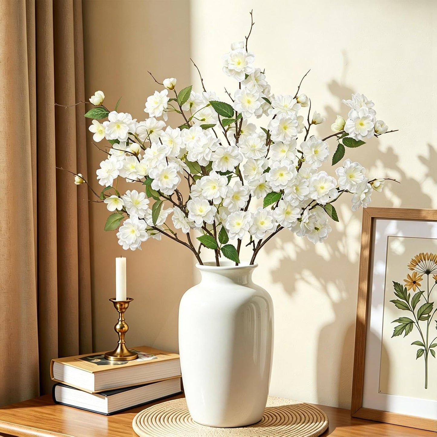 KHOYIME Artificial Cherry Blossom Branches 4PCS White Fake Silk Flowers Faux Long Stems Realistic Cherry Peach Floral Plants Spring Decor for Vase Table Centerpiece Indoor Home Office Wedding Party