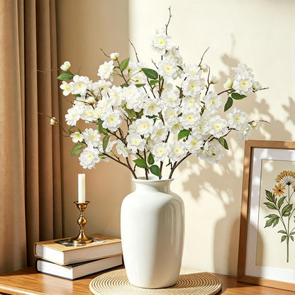 KHOYIME Artificial Cherry Blossom Branches 4PCS White Fake Silk Flowers Faux Long Stems Realistic Cherry Peach Floral Plants Spring Decor for Vase Table Centerpiece Indoor Home Office Wedding Party