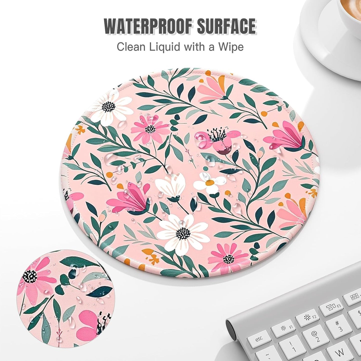 Auhoahsil Round Mouse Pad, Cute Small Computer Mouse Mat, Personalized Pattern, Stitched Edge, Non-Slip Rubber, Washable Mousepad Cloth for Wireless Mouse, 8.7 x 8.7 in in, Beautiful Pink Flowers