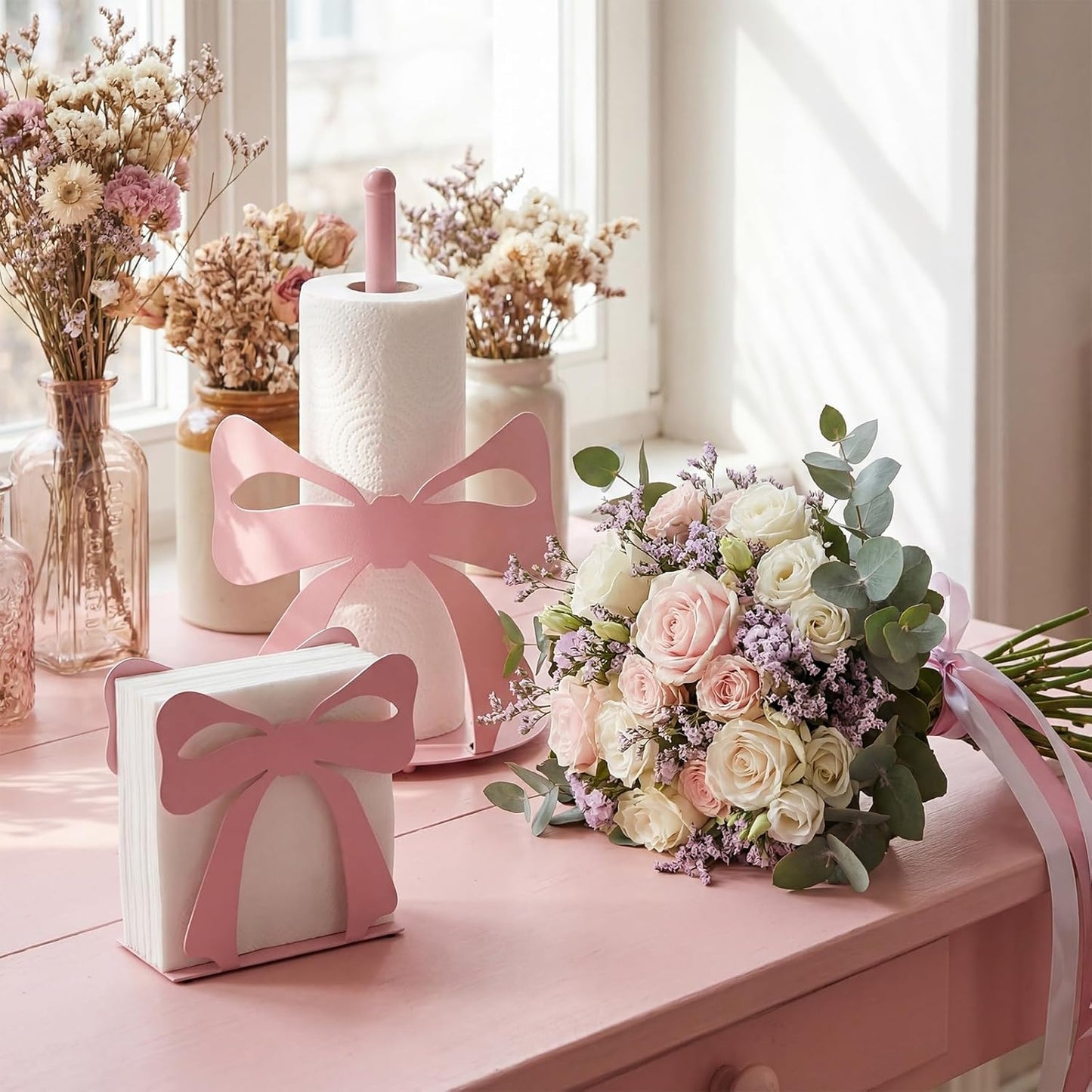Novabright 2 Pcs Trendy Bow Paper Towel Holder for Tables Metal, Cute Bow Knot Kitchen Decoration Accessories Large Metal Towel Holder Stand for Coquette Wedding Home Party Bathroom Countertop(Pink)