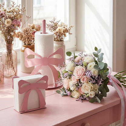 Novabright 2 Pcs Trendy Bow Paper Towel Holder for Tables Metal, Cute Bow Knot Kitchen Decoration Accessories Large Metal Towel Holder Stand for Coquette Wedding Home Party Bathroom Countertop(Pink)