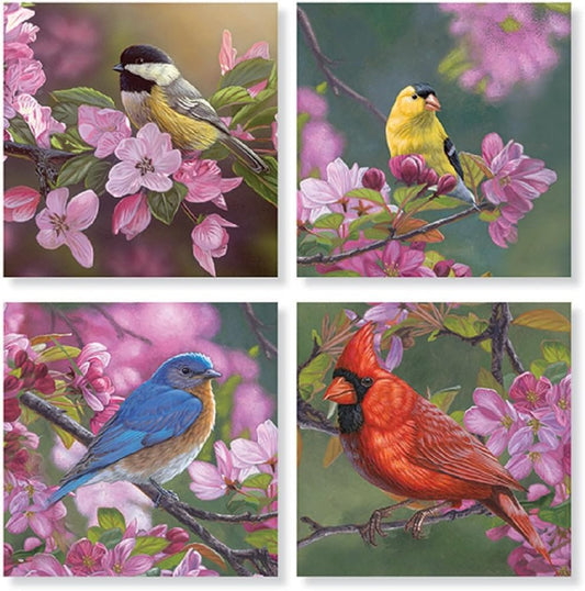 Set of 4 "Mixed Birds on Pink Flowers" Square Stone Coaster Set by Carson Home Accents