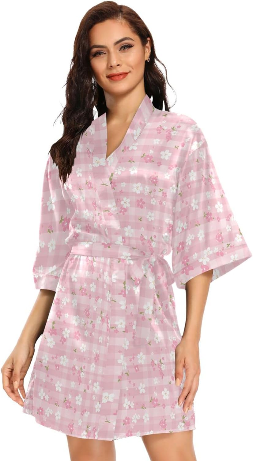 Pink White Check Women's Kimono Robes, Dressing Gown Loungewear V-Neck Bridesmaid Robe Oversized