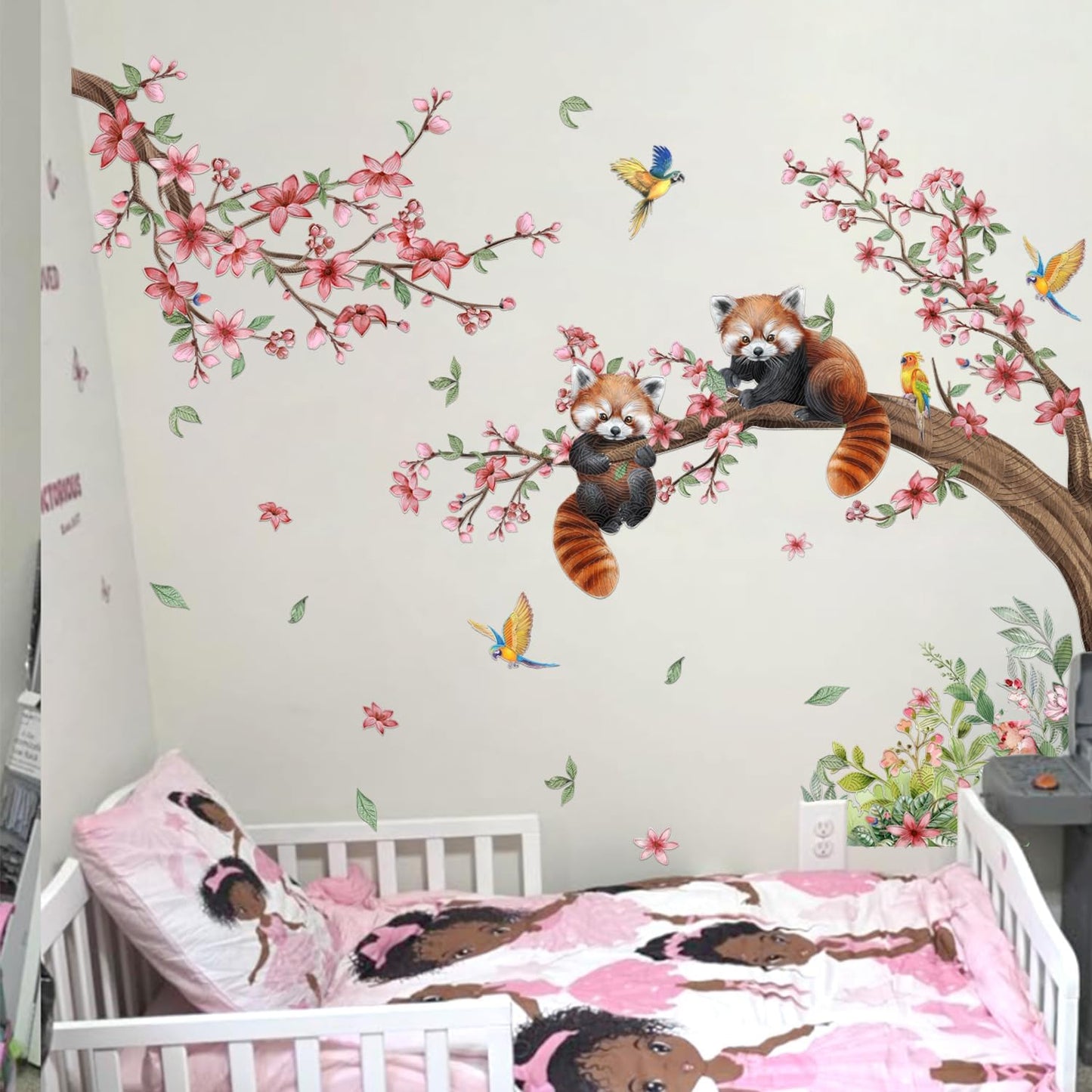 Red Panda Wall Sticker Cute Animal Wall Decal with Pink Peach Blossom Tree for Family Living Rooms Bedrooms and TV Background Walls