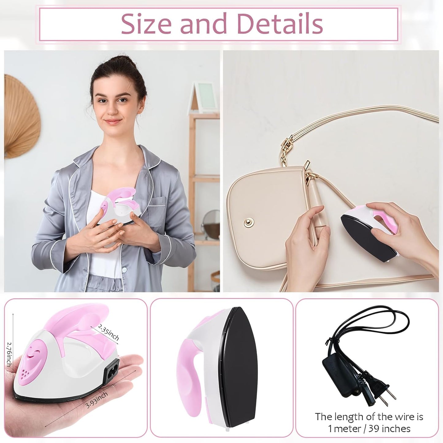Honoson Mini Craft Iron Mini Heat Press Small Iron 3.93 x 2.36 x 2.76 in Portable Handy Tiny Flatiron with Charging Base Accessory for Fuse Bead Patch DIY Heat Transfer Vinyl(Light Pink,White)