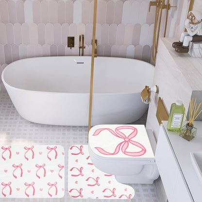 JarThenaAMCS 3Pcs Pink Bow Bathroom Mat Set Includes Cute Tufted U-Shaped Contour Toilet Rug Bathmat and Toilet Lid Cover for Luxury Bathroom Decoration
