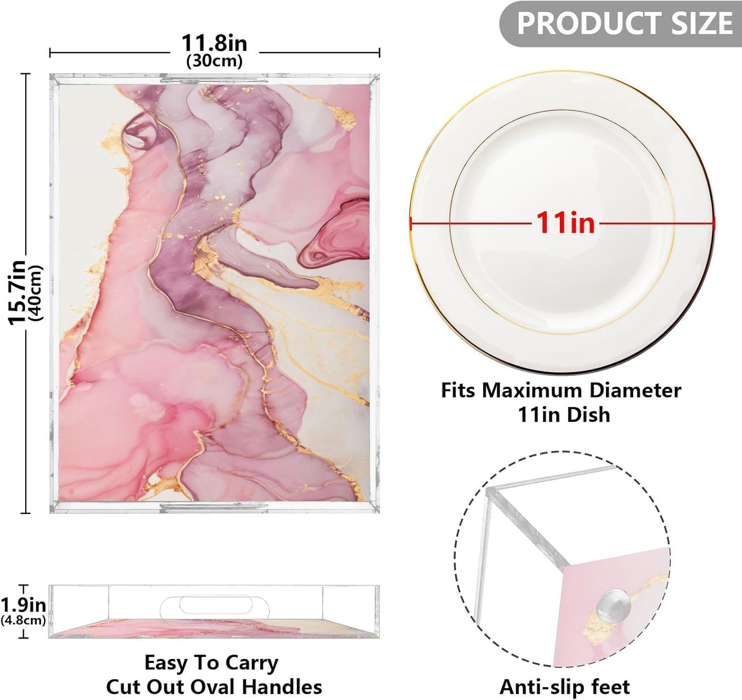 Marble Abstract Pink Gold Serving Tray Acrylic Decorative Trays 16" x 12" Serving Platter with Handles for Coffee Table, Dessert Party, Bathroom Vanity Countertop