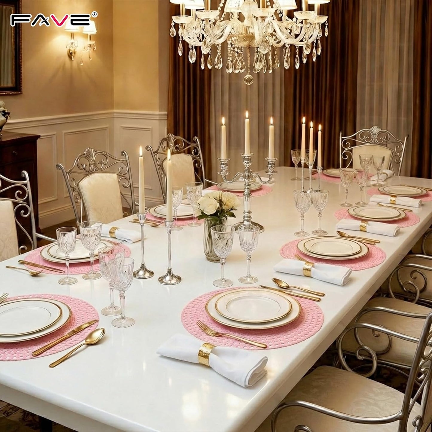 FAVE Pink Vinyl 6PC Round Placemats, Washable Table Mats for dinnner Party