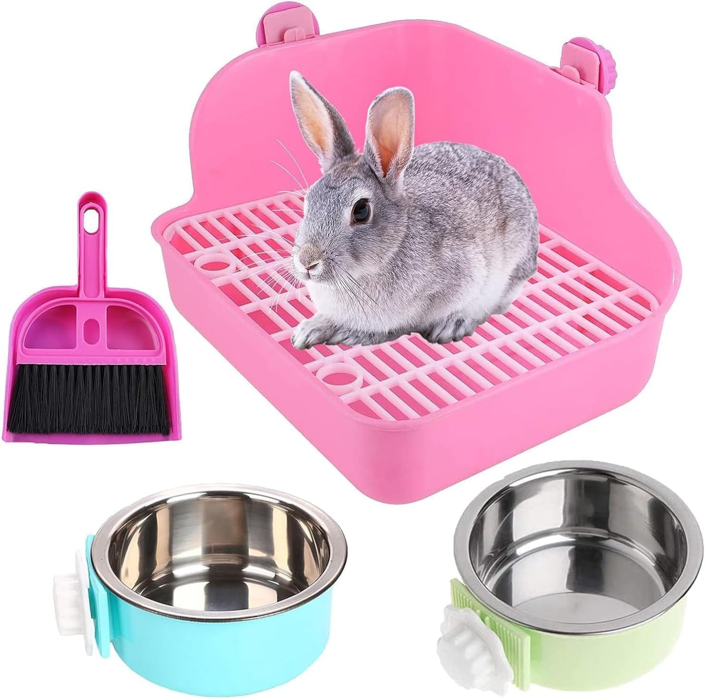 PINVNBY Rabbit Litter Box for Cage Bunny Corner Bedding Box Small Animal Litter Pan Hanging Pet Bowls Cage Potty Trainer Pet Toilet for Rabbit Bunny Guinea Pigs (Pink)