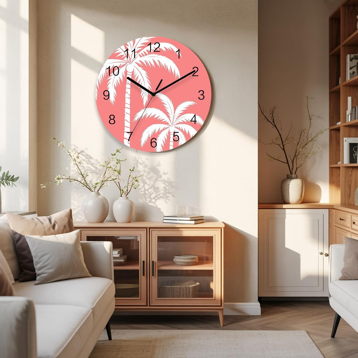 Coastal Palm Tree Wall Clock Battery Operated Non-Ticking 10" Round Wood Clocks, Tropical Plant Coral Pink Kitchen Wall Clock for School Bathroom Living Room Home Office Wall Decor