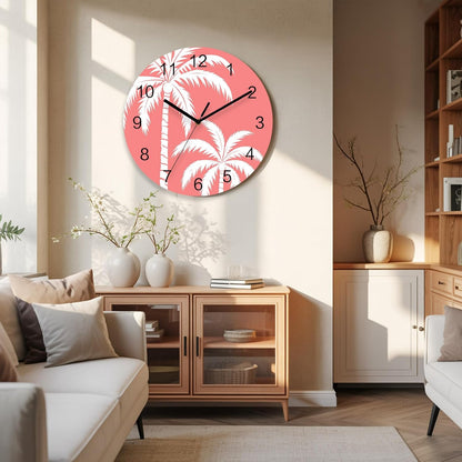Coastal Palm Tree Wall Clock Battery Operated Non-Ticking 10" Round Wood Clocks, Tropical Plant Coral Pink Kitchen Wall Clock for School Bathroom Living Room Home Office Wall Decor