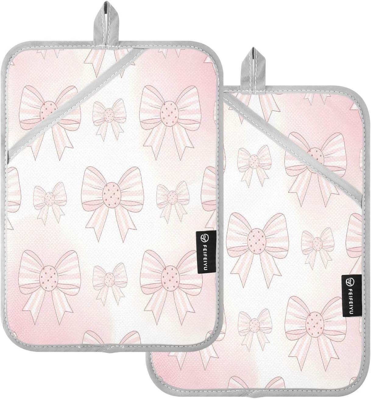 Light Pink Bows 2 Pack Heat Resistant Pot Holders, Thick Quilted Oven Mitts with Pocket, Heavy Duty Potholders for Kitchen Baking BBQ Grill, Machine Washable 7x9.8 Inch