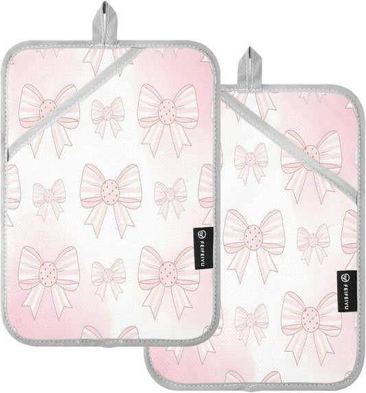 Light Pink Bows 2 Pack Heat Resistant Pot Holders, Thick Quilted Oven Mitts with Pocket, Heavy Duty Potholders for Kitchen Baking BBQ Grill, Machine Washable 7x9.8 Inch
