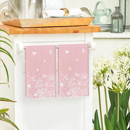 Artoid Mode Pink Butterfly Floral Spring Kitchen Towels Dish Towels, 18x26 Inch Farmhouse Summer Decoration Cleaning Set of 2