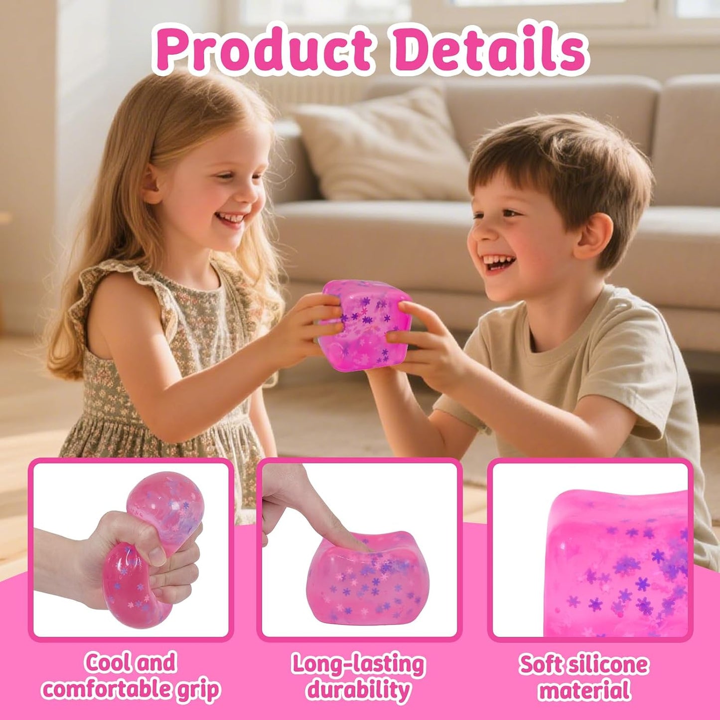 Squishy Ice Cube Fidget Toy,Large Snowflake Ice Cube Squeeze Toys, 2.76in Big Squishy Stress Cube, Soft & Durable Squeeze Toy for Boys & Girls Age 3+ and Adults (Pink)