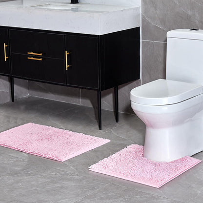 Pink Chenille Bathroom Rugs Set 2 Piece - Non Slip Absorbent Bath Mat for Shower, Quick Dry Machine Washable Floor Mats, Soft Plush, 20"x32"+U Shape 20"x20" Inch